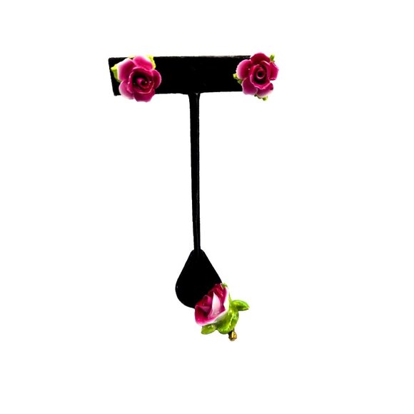 Rare Condition Bone China Rose Brooch Pin and Earrings Made in England Antique - Picture 1 of 10